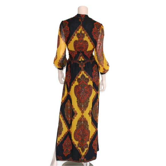 Paisley balloon sleeve dress, Vintage 60s maxi,  yellow & black gown 70s goddess - Picture 5 of 8